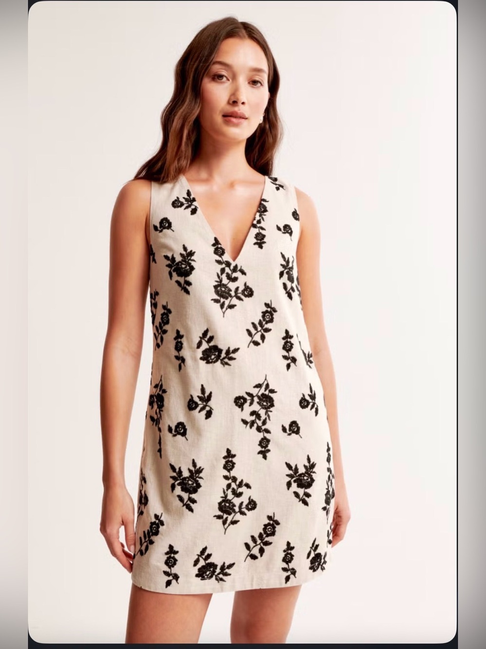 Abercrombie & Fitch Linen Blend Cream Dress with Black Rose Embroidery
